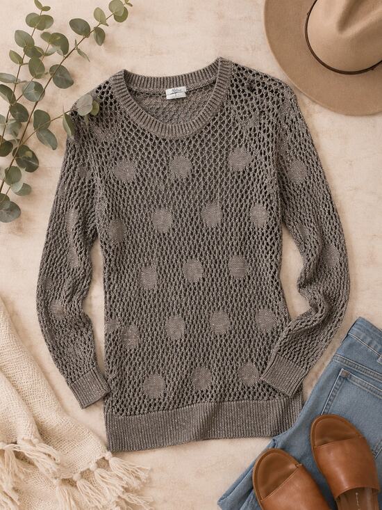 Wallace Sweaters - Wallace Taupe Linen Open Knit Sweater Small Textured Polka Dot Lightweight